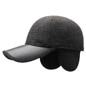 Winter thermal baseball cap with ear flaps and sports logo for elderly men in dark grey