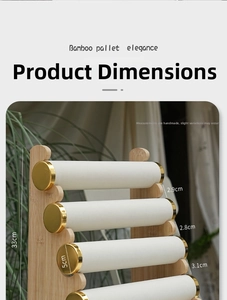 Bamboo jewelry display stand with 4-tier white velvet rollers and dimensions labels