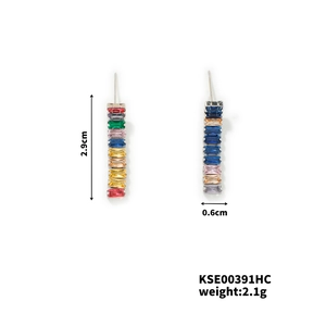Detailed size view of square zircon drop earrings measuring 2.9cm by 0.6cm with colorful gems