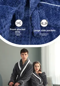 Detail of thick flannel bathrobe showing contrast piping lapel and large side pockets