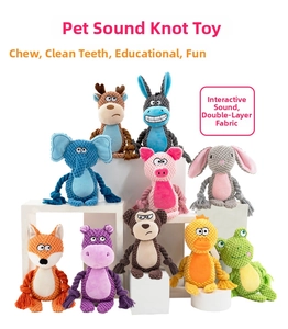 Close-up of durable corn fleece and cotton rope limbs on assorted animal squeaky pet toys