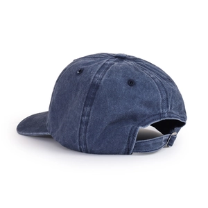 Close-up of the adjustable metal slide buckle on the washed blue cotton baseball cap