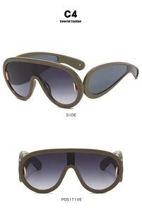 Detail views of olive green shield sunglasses with purple gradient lenses and wide frames