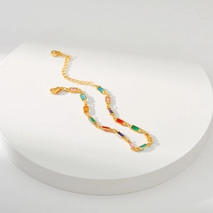 Handmade 18K gold-plated chain bracelet featuring multi-colored rectangular acrylic gemstones