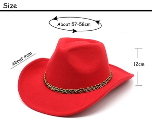 Detailed size map of red felt cowboy hat with 58cm head circumference and 8cm brim