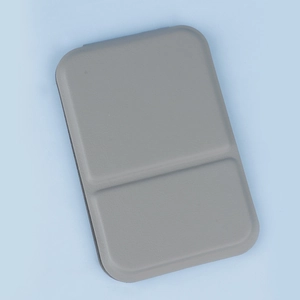 Close-up of gray minimalist foldable makeup mirror with premium PU leather protective cover