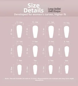 Detailed size chart for long ballerina press-on nails with 12 sizes and measurements