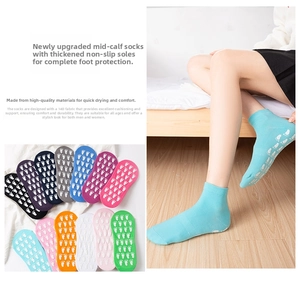 Detail view of colorful non-slip yoga socks with anti-skid foot-shaped rubber grip soles