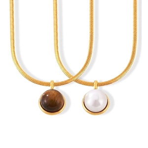 Snake Chain Necklace Titanium Steel Vintage Geometric Round Pendant For Women With Faux Artificial Pearl And Tiger Eye Stone