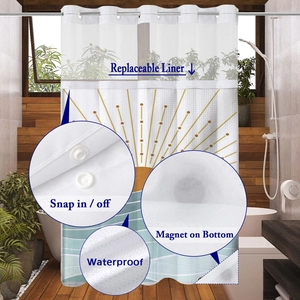 Detail showing high-density waffle fabric shower curtain with snap-in liner and magnetic hem