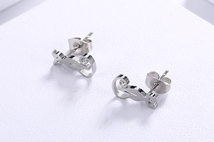 Macro shot of silver stainless steel kitten silhouette stud earrings with curly tails