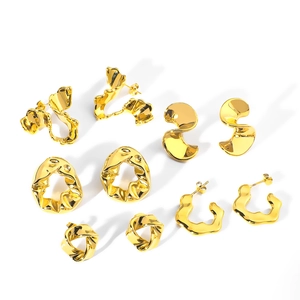 Set of five 18K gold plated balloon textured earrings with irregular hollow geometric shapes