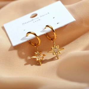 Macro shot of 18K gold-plated 316L stainless steel star hoop earrings with white crystals