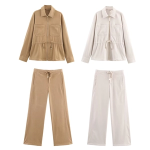 Ensemble Décontracté en Polyester pour Femmes Veste à Revers et Fermeture Éclair et Pantalon Large à Cordon Uni