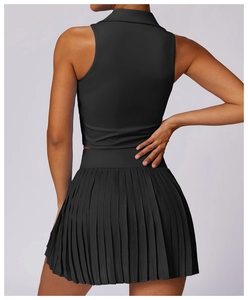 Back view of a black slim-fit sleeveless top and pleated sports skirt for women