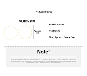 Detail specifications of golden geometric hoop earrings made of copper with 6cm diameter