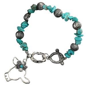 Western turquoise beaded bracelet with silver ox head charm and OT clasp closure