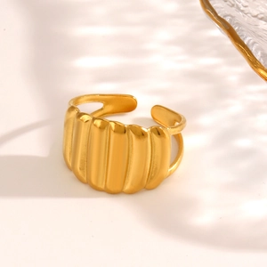 Minimalist 18K gold plated wide corrugated ring with adjustable open band for women