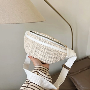 Woven straw contrast waist bag for women featuring white PU leather trim and gold hardware