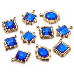 Stainless Steel Gold Plated Blue Glass Pendants Charms For DIY Necklace Jewelry Making Supplies Multi Shapes Beaded Edge