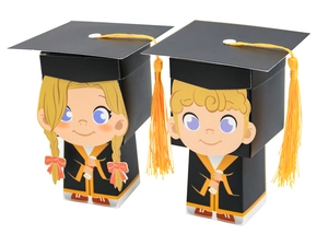 Detail of graduation candy boxes featuring cartoon student figures with yellow tassels