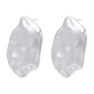 Macro shot of silver liquid metal texture earrings with irregular wavy lava design