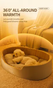Detail view of a cozy plush pet bed with a thick cushion in a warm indoor home setting