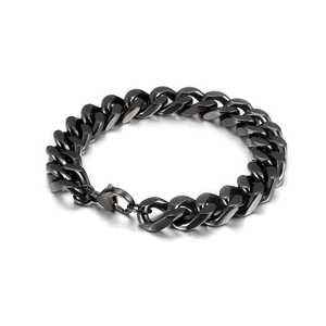 Detailed close-up of a black titanium steel Cuban link bracelet with a lobster clasp