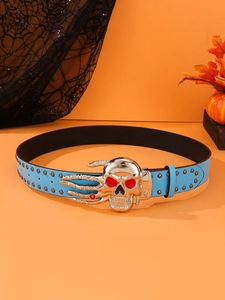 Detail of light blue punk belt with silver skull buckle and red gem accents