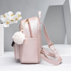 Pink cross-grain PU leather backpack for women with white fur pompom and pearl charm