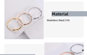 Vue détaillée des joncs en acier inoxydable 316 tricolores avec strass et charms noirs