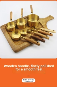 Detailed view of copper-plated measuring set with acacia wood handles and clear scales