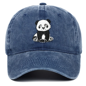 Berretto da baseball in cotone lavato blu scuro con ricamo panda sul davanti della calotta