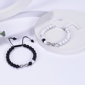 Couples beaded bracelets with matte black and white marble stones and infinity symbol