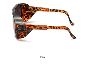 Side view of leopard print polarized sunglasses with dark brown lenses and double bridge