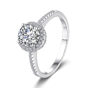 Luxurious S925 sterling silver ring with one carat Moissanite in four-prong halo setting
