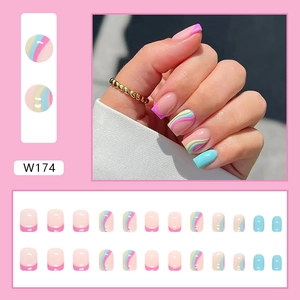French tip and blue wavy line press-on nails set with 24 pieces in a square shape
