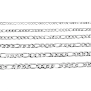 Silver Figaro 3:1 stainless steel chains in six different widths on white background