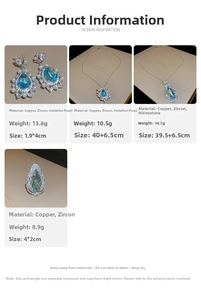 Detailed set of blue teardrop zircon pendant necklace, earrings, and ring with pearls