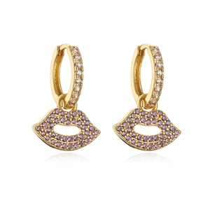 Gold plated hoop earrings featuring micro-pave purple zircon lip-shaped pendants