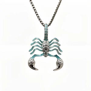Luminous scorpion pendant necklace in silver and light blue with stainless steel box chain