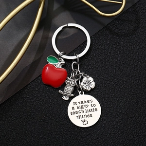 Stainless steel teacher keychain with red apple owl pendants on black textured background