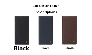 Mens long Saffiano wallets in black, navy, and brown colors with metal M logo detail