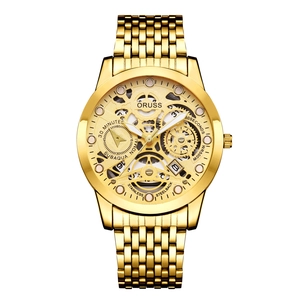 Skeleton luxury gold men's watch with stainless steel band and 500M waterproof features