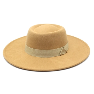 Detail view of khaki wool felt flat top hat with matching grosgrain ribbon band