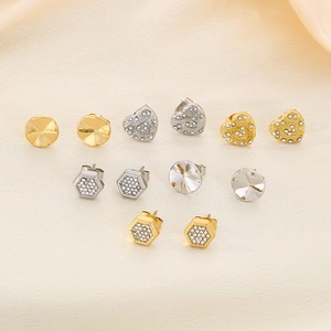 6 pairs set of stainless steel earrings with ginkgo leaf and cross diamond studs