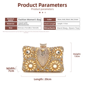 Detailed size specifications for a sparkling rhinestone evening clutch with chain strap