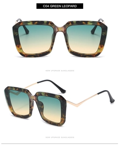 Square green leopard sunglasses with metal temples and yellow gradient lenses in dual view
