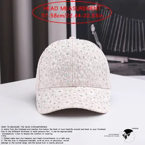 Size chart showing head measurement guide for floral lace baseball cap with rhinestones