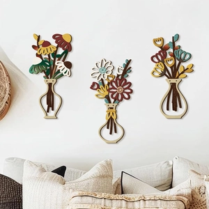 Set de 3 paneles decorativos de madera boho con jarrones y flores para pared de salón